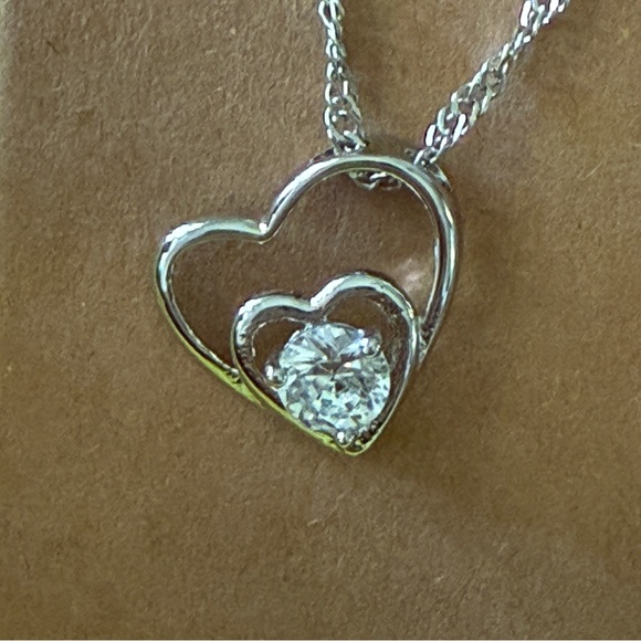 NEW Silver-Tone Double Heart Pendant Necklace – Sparkling CZ Accent - Picture 9 of 15